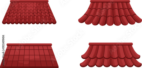 Vector set of various red tile roof styles featuring terracotta clay shingles scalloped tiles and wavy roofing designs