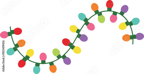 Flat vector illustration of a curved string of colorful holiday lights featuring vibrant red yellow blue and pink bulbs