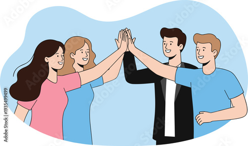 Flat vector illustration of a diverse team of four young professionals giving a group high five for success and celebration