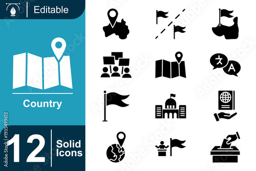Set of 12 solid icons representing country-related concepts like maps, flags, government buildings, and passports for diverse informational or educational use