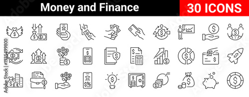 Modern money and finance line icons set designed for banking services, digital payments, budgeting, investment and financial management. Clean outline icons with editable stroke, mobile banking.