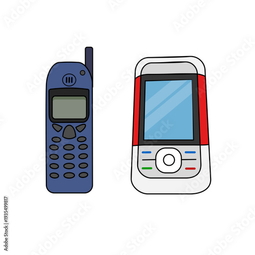 a cell phone and a flip phone with dial and antena  retro style. Y2k style telecommunication technology