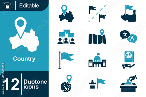 Country and Travel Icons Map Pin, Flags, Globe, Passport, Ballot Box, Government Building, People, and Communication Symbols
