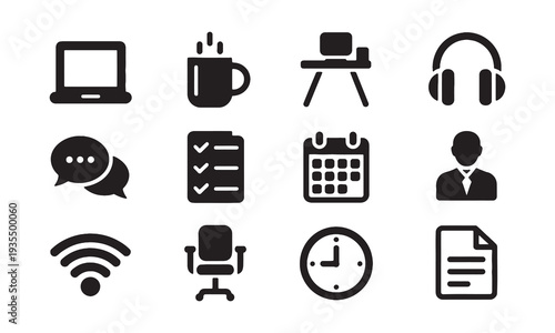 Collection of modern flat icons representing various office supplies and digital communication tools on a transparent background