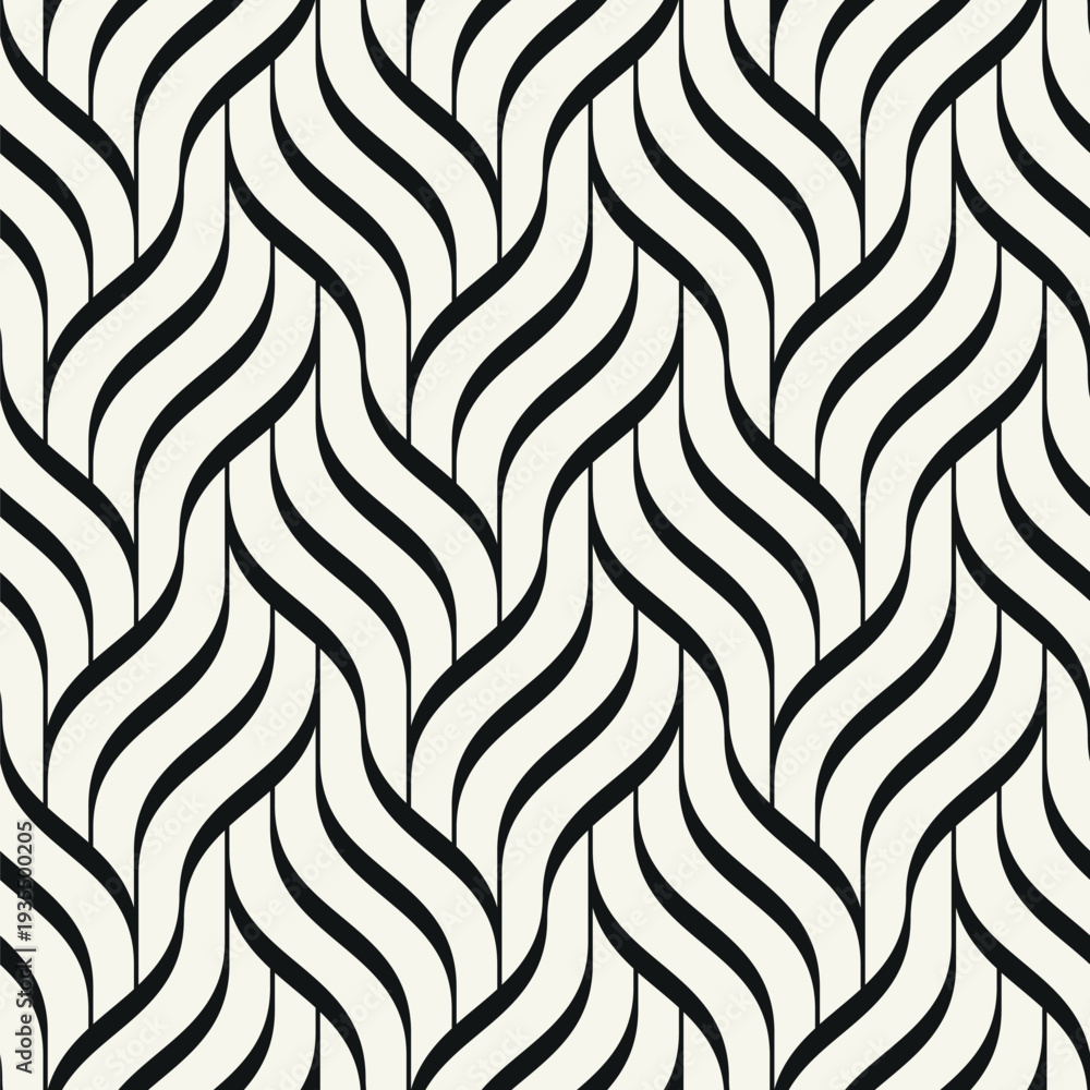 Fototapeta premium Monochrome seamless geometric wave pattern with bold interlaced grid structure. Modern abstract background featuring rhythmic wavy lines and repeating ripple effect. Stylish vector texture.
