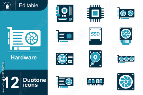 Collection of 12 duotone icons representing computer hardware components including graphics cards, processors, SSDs, RAM, and hard drives for digital design