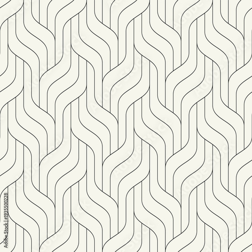 Seamless geometric wave pattern with thin interlaced lines forming a linear woven grid. Modern monochrome background featuring a subtle ripple effect and rhythmic structure. Elegant repeating vector.