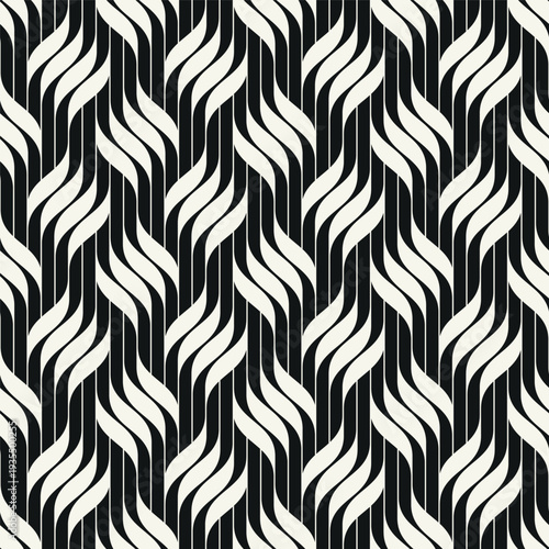 Monochrome seamless geometric wave pattern with bold interlaced grid structure. Modern abstract background featuring rhythmic wavy lines and repeating ripple effect. Stylish vector texture.