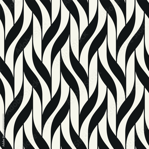 Monochrome seamless geometric wave pattern with bold interlaced grid structure. Modern abstract background featuring rhythmic wavy lines and repeating ripple effect. Stylish vector texture.