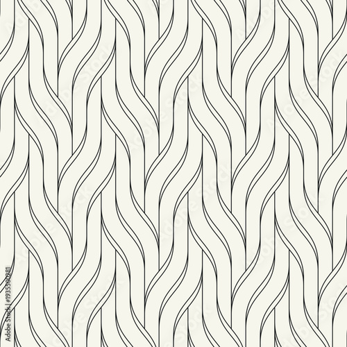 Seamless geometric wave pattern with thin interlaced lines forming a linear woven grid. Modern monochrome background featuring a subtle ripple effect and rhythmic structure. Elegant repeating vector.