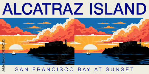 USA, US, U.S, United States - Set of Alcatraz Island Sunset Silhouette with Dramatic Sky – Ultra‑Wide Flat Vector Design for Banner, Card, or Flyer | USA San Francisco Bay Illustration