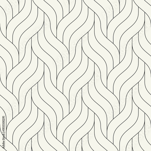 Seamless geometric wave pattern with thin interlaced lines forming a linear woven grid. Modern monochrome background featuring a subtle ripple effect and rhythmic structure. Elegant repeating vector.