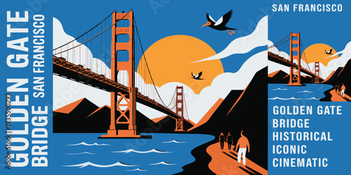 USA, US, U.S, United States - Golden Gate Bridge Sunset Vector – San Francisco Cityscape Panorama | California Landmark Illustration | Modern Flat Design for Banners, Flyers, Branding & Digital Art