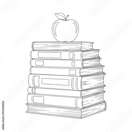 A tall stack of hardcover books supporting a single outline drawing of an apple centered against a white background for educational concepts.