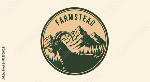 Mountain goat in a circular emblem with FARMSTEAD text and mountain landscape.