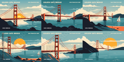 USA, US, U.S, United States - Set of Golden Gate Bridge at Sunrise with Soft Fog Over the Water – Ultra‑Wide Panoramic Flat Vector Design for Banner, Card, or Flyer | USA San Francisco Illustration
