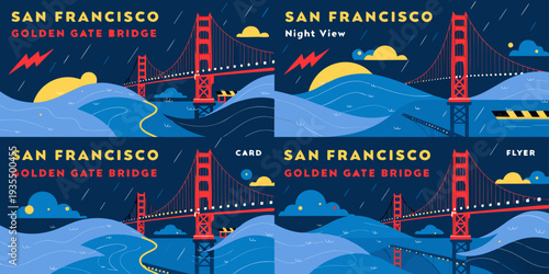 USA, US, U.S, United States - Set of Golden Gate Bridge Night Lights Reflecting on Water – Ultra‑Wide Cinematic Flat Vector Design for Banner, Card, or Flyer | USA San Francisco Illustration