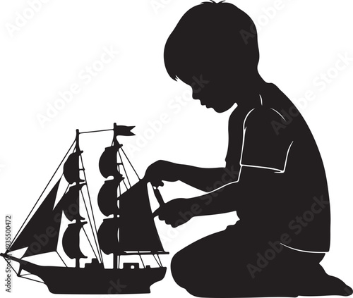 A child plays with a toy ship