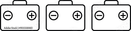 Battery icon collection featuring black silhouettes with positive and negative terminals, electrical energy storage symbols for power supply, circuit design, and vector illustrations