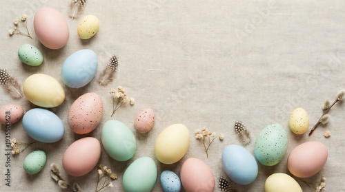 Wallpaper Mural Flat lay composition of pastel Easter eggs on soft beige background with copy space Torontodigital.ca