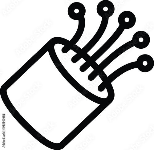 Black and white fiber optic cable icon illustration, representing high-speed internet, data transmission, telecommunications, networking, 