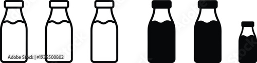 Black and white milk bottle icons in sequence, outline and solid silhouette design representing dairy, beverage, quantity progression, and nutrition concepts for illustration graphics