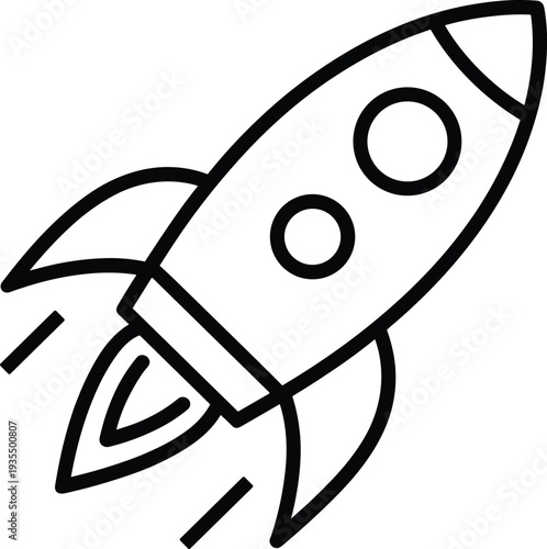 Black and white rocket ship icon with pointed nose cone, circular windows, fins, and propulsion flames representing space exploration, innovation, technology, and futuristic design.