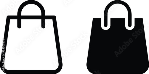 Black and white shopping bag icons, outline and solid silhouette design, representing retail, e-commerce, purchasing, and store concepts for business and marketing graphics