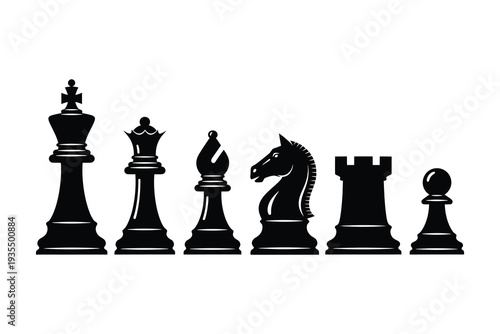 A classic chess set with black pieces arranged in the starting position. Vector