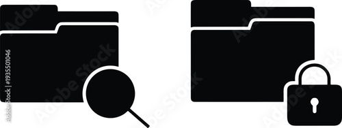 Black folder icons with magnifying glass and padlock symbols representing file search, inspection, security, privacy, and digital data protection in modern information management systems.