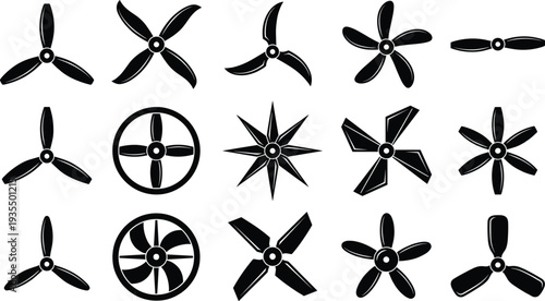 Black silhouette propeller and fan blade icon collection featuring multiple geometric designs, aerodynamics patterns, mechanical engineering symbols, and industrial ventilation vector illustrations