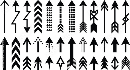 Collection of thirty-six unique upward arrow icons in solid black, featuring geometric, abstract, dotted, zigzag, and decorative designs for graphic design and user interface elements.