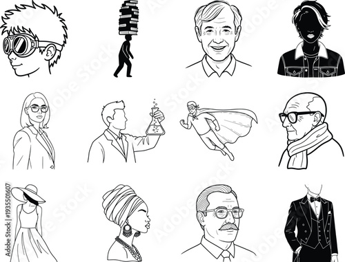 Black and white line of people in various poses and outfits 2