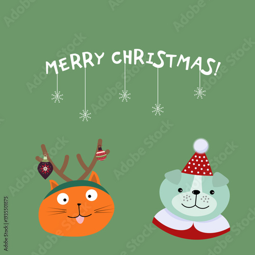 Cute cartoon cat and dog heads in festive attire for Christmas holiday greeting card design or holiday poster.