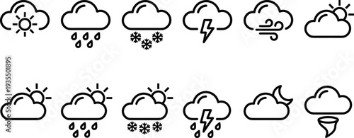 Minimalist black line weather icons set featuring sun, clouds, rain, snow, thunderstorm, wind, tornado, and moon symbols for forecast, climate, and meteorology illustrations