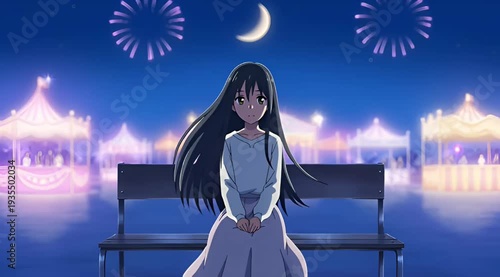 Anime Girl Sitting on Bench at Night Carnival with Fireworks and Moon wallpaper