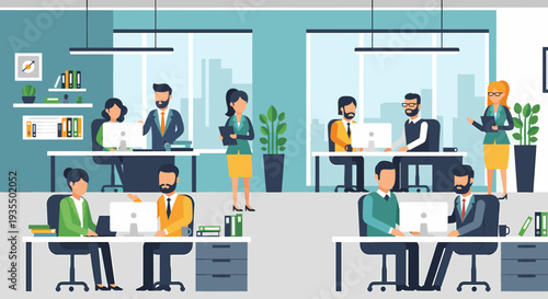 Business people working in a busy open plan office