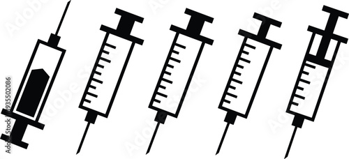 Set of five black and white syringe icons with varying designs, representing medical injection, vaccination, healthcare, pharmaceutical tools, and hospital equipment in vector illustration.