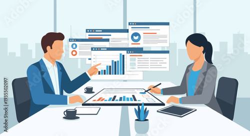 Business professionals analyzing data in a modern office meeting