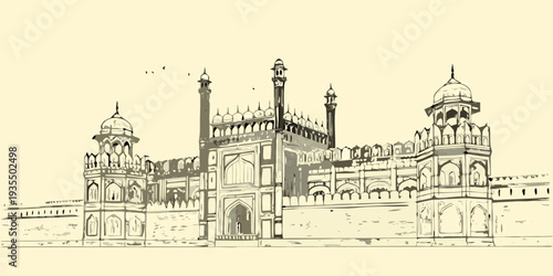 Detailed sketch of the jama masjid mosque in old delhi india