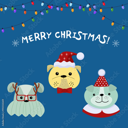 Merry Christmas greeting card with cute cartoon dogs. Holiday winter celebration with playful pets. Creative design for festive season.