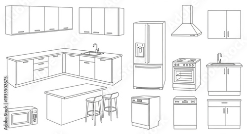 Kitchen Cabinet and Appliance Line Drawing Collection.