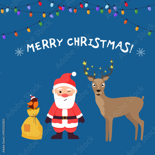 Santa Claus, reindeer, and bird with Christmas lights and text Merry Christmas. Holiday season celebration for greeting card.