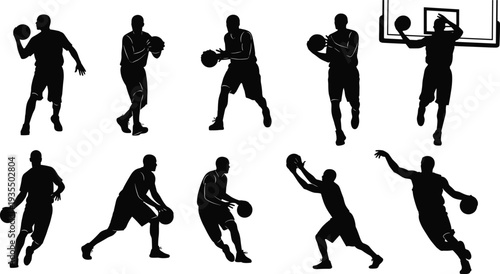  Collection of ten basketball player silhouette illustrations in dynamic action poses, showcasing dribbling, passing, shooting, dunking, and athletic motion for sports design and education.