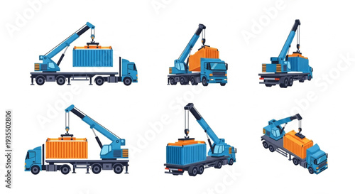 Set of container trucks with cranes loading cargo.