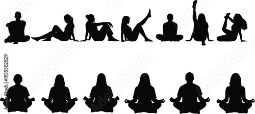 Web Collection of silhouette illustrations of people seated in exercise and meditation poses, showcasing stretching, mindfulness, wellness, balance, and body-mind practices in dynamic design.