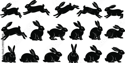 Web Collection of rabbit silhouette illustrations in dynamic running, leaping, sitting, crouching, and resting poses, showcasing animal motion, behavior, and artistic design variety.