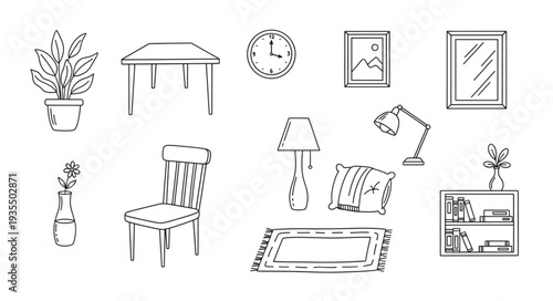 Collection of hand-drawn furniture and home decor items.