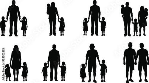  Collection of family silhouette illustrations featuring diverse groupings of adults and children, showcasing parenting, togetherness, love, and inclusive family structures in elegant design.