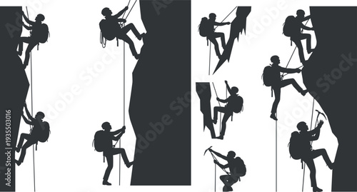  Silhouette illustrations of rock climbers scaling vertical cliffs with ropes, harnesses, and backpacks, showcasing adventure, strength, technique, and outdoor extreme sports activity.